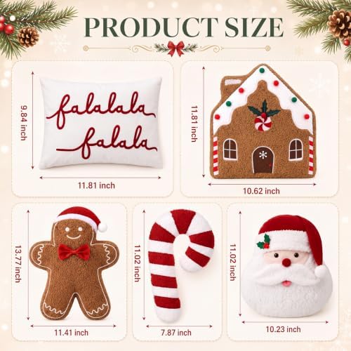 Geelin 5 Pcs Christmas Throw Pillows, Santa Candy Gingerbread FA La La - Image 3