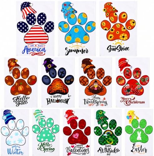 12 Pcs Seasonal Garden Flag Set 12 x 18 Inch Dog Paw Holiday Summer for Outside Decor Small Yard Flags for the Entire Year Double Sided Yard Flag for Halloween Christmas Thanksgiving St Patricks Day by Windkream