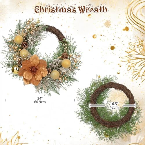 24" Christmas Wreath for Front Door – Artificial Winter Half Wreath with Bronze Maglonia Flower, Gold Ball Ornaments, Berry Clusters for Indoor & Covered Outdoor Holiday Christmas Decoration - Image 2