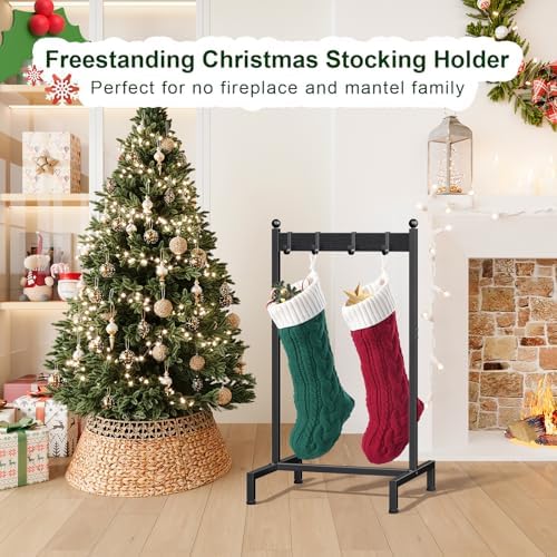 ELYKEN Christmas Stocking Holder Stand for Floor, Free Standing Stocking Rack with 4 Removable Hooks, Wood Stocking Hanger Stand, Heavy Duty Xmas Stocking Stand with Adjustable Feet, Black - Image 2