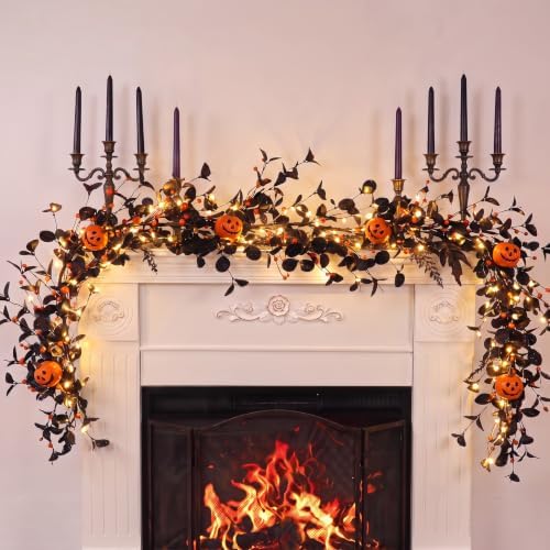 Lighted Halloween Garland for Mantle, Pumpkin Fireplace Decorations by CRCZK
