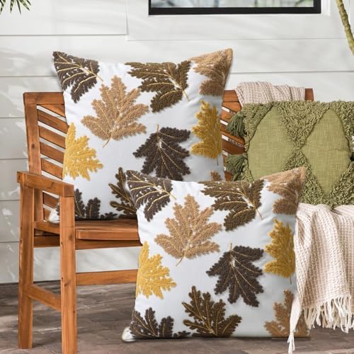 Set of 2 Embroidered Decorative Throw Pillow Covers Couch Square Pillowcases Cushion for Bedroom Sofa Farmhouse Decor 18x18 Inch (Yellow Maple Leaf) - Image 4