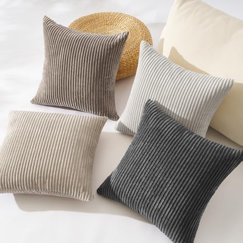 Topfinel 4 Packs Natural Decorative Throw Pillows Covers 26x26 Inch for Living Room Couch Bed Sofa, Rustic Farmhouse Boho Neutral Home Decor, Soft Plush Striped Corduroy Square Cushion Case 65x65 cm - Image 3