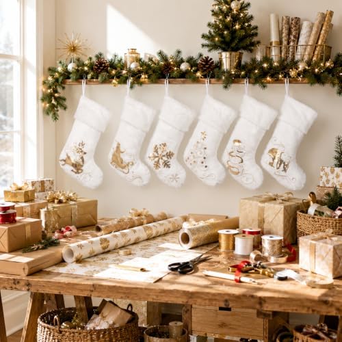 Large White Velvet Christmas Stockings Set of 6 with Gold Embroidery - Image 4