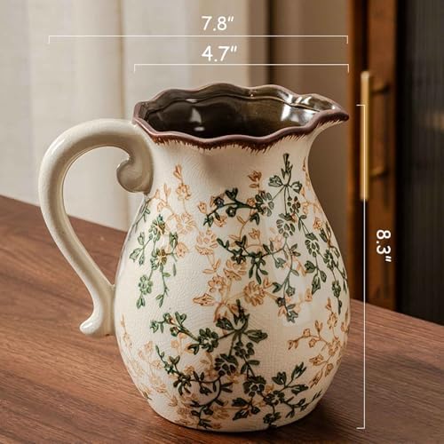 Vintage Ceramic Vase with Handle, Green and Beige Rustic Flower Pitcher Vase for Home Decor, Decorative Vase for Living Room, Bookshelf, Office, Vases for Centerpieces 8 Inch - Image 3