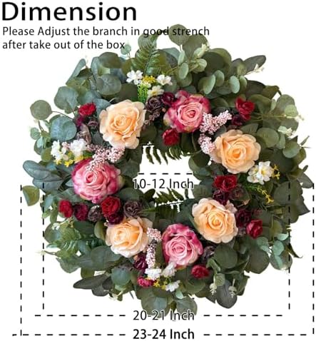 WANNA-CUL 24 Inch Pink Champagne Rose Spring Wreath for Front Door - Image 2