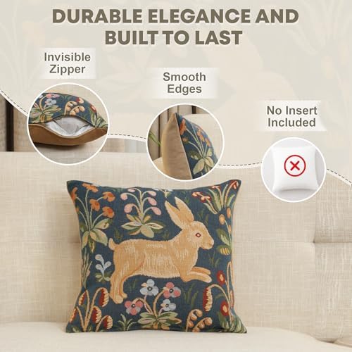 Medieval Running Rabbit in Blue Tapestry Throw Pillow Cover 14 x 14 in - Image 2