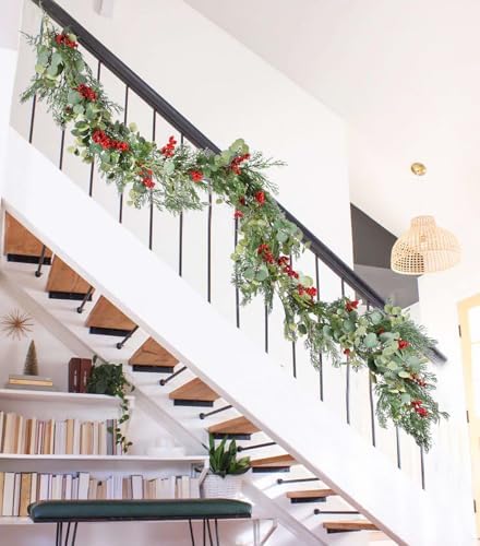 Lvydec Christmas 6Ft Pine Christmas Garland, Realistic Artificial Faux Greenery Garland with Berry and Eucalyptus Leaves Cypress Garland for Mantle Holiday Fireplace Winter Decor - Image 3