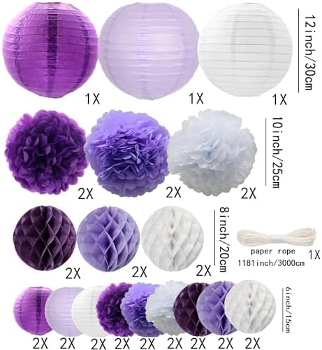 WOLHOWLTD Lavender White Paper Decoration Set - 33Pcs Paper Lanterns Pompoms Honeycomb for Wedding,Engagement,Mermaid Theme,Mother's Day,Bridal Shower,Birthday Home Garden Decoration(Purple White) - Image 2