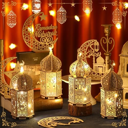 8 Pcs Eid al Adha Decorations Ramadan Tabletop Ornaments 3D LED Eid al Adha Lanterns Ramadan Mubarak Handmade Wooden Moon Star Lights Decorations for Home Party Supplies(Elegant Style) - Image 3