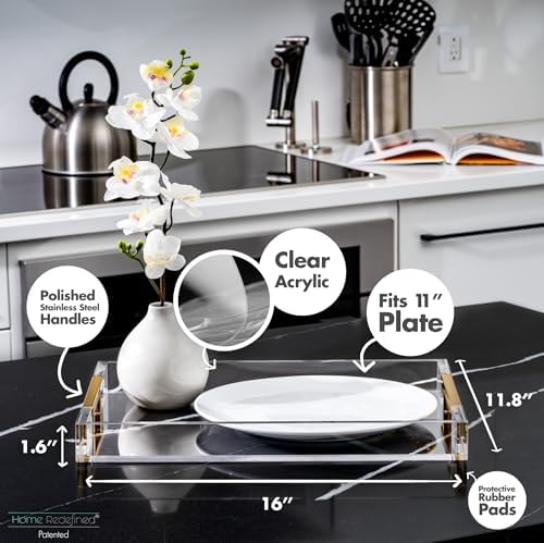 Modern 16"x12" Rectangle Acrylic Lucite Plastic Decorative Serving Tray with Gold Polished Stainless Steel Metal Handles Home Decor Ottoman Coffee Table Makeup Perfume Display Vanity By Home Redefined - Image 3