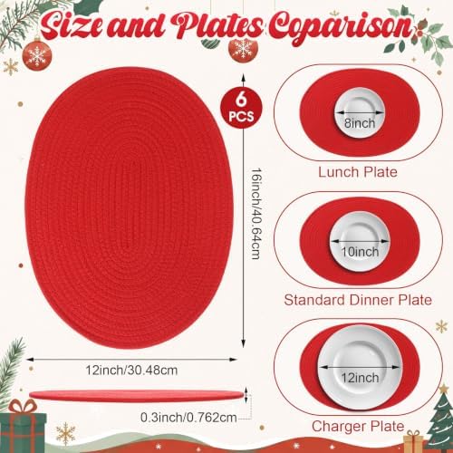 Oval Woven Placemats Set of 6, Cotton Rope 16x12 Inch, Red - Image 2