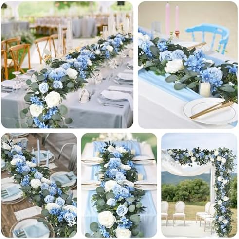Lvydec 2 Pack Artificial Peony Flower Garland - 6ft Silk Peony Vine Willow Leaves and Eucalyptus Garland White Arch Flower Vine for Wedding Party Table Decoration (Blue) - Image 7