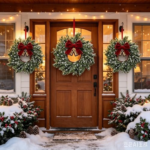 12 Set Christmas Hanging Wreaths Small Snow Flocked Artificial Cedar Wreaths with Red Velvet Ribbon Bronze Bells Mini Faux Greenery Wreath for Front Door Porch Cabinet Window Xmas Holiday Decorations - Image 7
