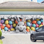 ANNA QUEEN Easter Bunny Garage Door Banner 6x13FT, Cute Rabbit Peeking Cracked Wall Garage Door Cover with Colorful Eggs, Large Outdoor Spring Decoration Backdrop for Double Garage Door & Egg Hunt Party - Image 2