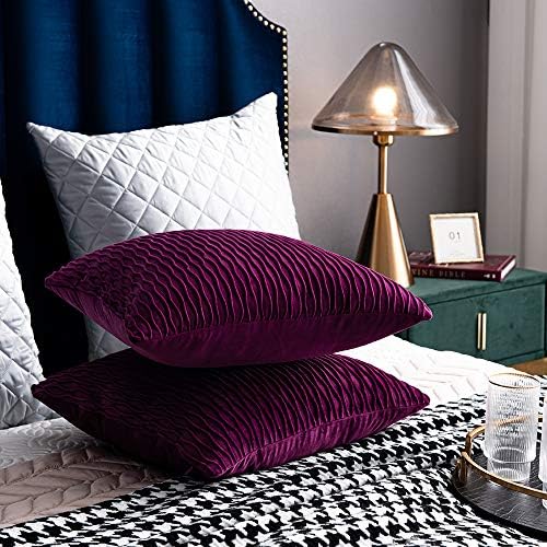 DEZENE 24x24 Purple Throw Pillow Cases: Pack of 2 Vertical Ripple Striped Velvet Square Decorative Pillow Covers for Farmhouse Couch Sofa Bed Living Room Home Decor - Image 5