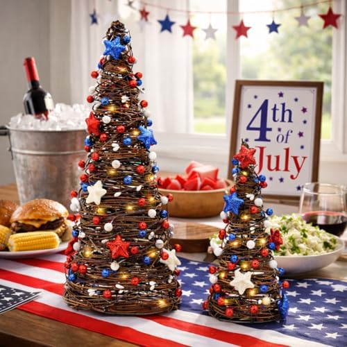4th of July Decorations Lighted Tabletop Rattan Tree, Memorial Day Decor - Image 2