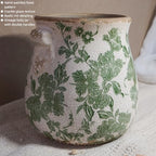 Vintage Ceramic Vase with Green Floral Pattern, White and Green, Crackle Glazed Finish, Decorative Garden Design (Large - Belly Jar with Drainage Hole) - Image 4
