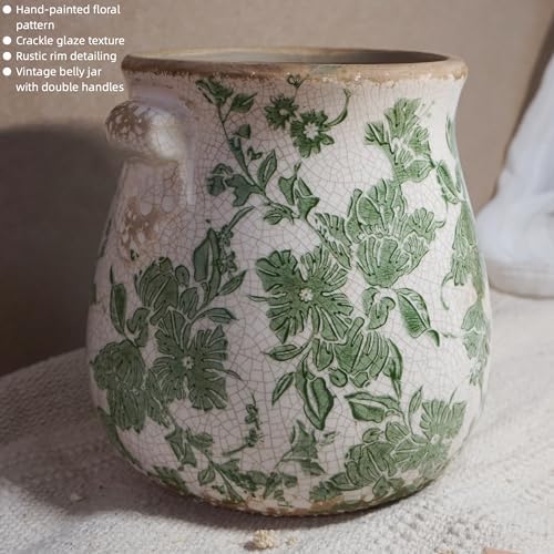 Vintage Ceramic Vase with Green Floral Pattern, White and Green, Crackle Glazed Finish, Decorative Garden Design (Large - Belly Jar with Drainage Hole) - Image 4