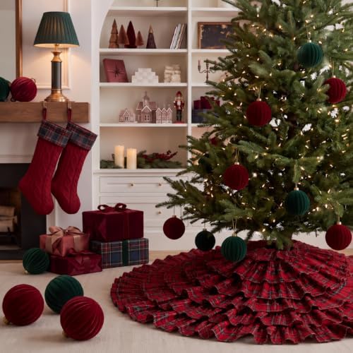 Red Ruffle Christmas Tree Skirt Red and Green Tartan Plaid 48 in - Image 5