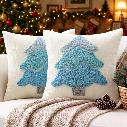 Artscope Chenille Christmas Tree Throw Pillow Covers 20x20 Set of 2-Blue by Artscope