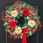 Christmas Wreaths for Front Door 24 Inch Prelit Holiday Wreath with Red Roses, White Peonies, Red Berries, Greenery & Velvet Bow Christmas Door Wreath Indoor Outdoor by SoomeirWreath