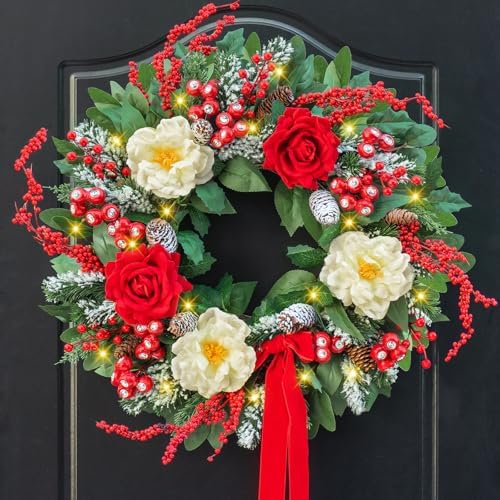 Christmas Wreaths for Front Door 24 Inch Prelit Holiday Wreath with Red Roses, White Peonies, Red Berries, Greenery & Velvet Bow Christmas Door Wreath Indoor Outdoor by SoomeirWreath