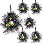6 Pcs Small Halloween Hanging Wreaths with Black Fern Foliage Purple Glitter Balls Lime Green Berry Clusters Purple Flowers Black Sheer Bow Gothic Mini Cabinet Wreath for Home Kitchen Halloween Party by Unknown
