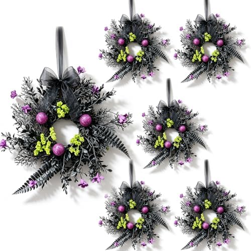 6 Pcs Small Halloween Hanging Wreaths with Black Fern Foliage Purple Glitter Balls Lime Green Berry Clusters Purple Flowers Black Sheer Bow Gothic Mini Cabinet Wreath for Home Kitchen Halloween Party by Unknown