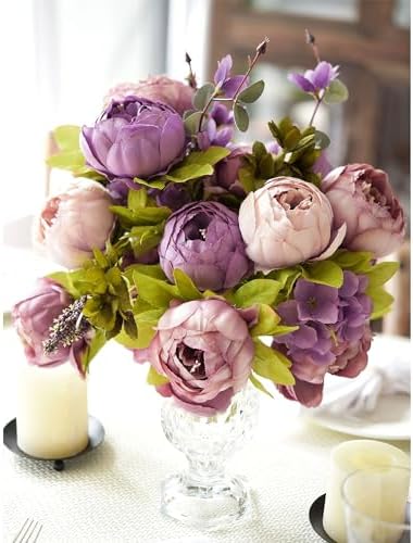FiveSeasonStuff Dusty Purple & Mauve Artificial Peony Bouquet, Two Faux Silk Flower Bundles with Hydrangeas and Greenery - Image 6