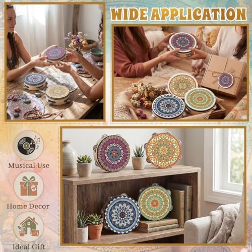 Boao 12 Pcs 4 Inch Mandala Tambourines Bulk Wooden Hand Drum with Metal Jingles Decorative Boho Percussion Instrument for Adults, Church, Wedding, Dance, Party Favors, Photography Props - Image 6