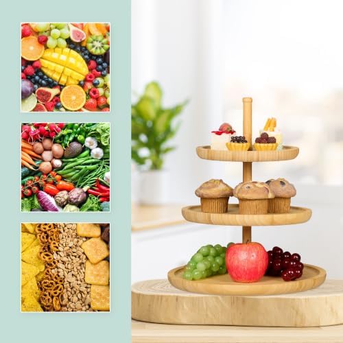 Relaxdays Bamboo Etagere: 37 cm x 30 cm Fruit Etagere Wooden with 3 Round Plates for Cookies, Sweets, Baked Goods, Party-Snacks, Nuts and More, Fruit Plate Serving Dish Tray Platter, Natural - Image 3