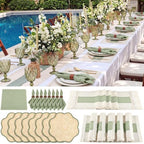 8 Set Boho Placemats with Table Runner, Scalloped Woven, Green by Unknown