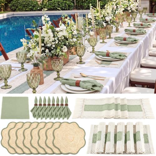 8 Set Boho Placemats with Table Runner, Scalloped Woven, Green by Unknown