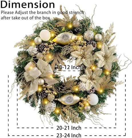 WANNA-CUL Pre-Lit 24 Inch Champagne Gold Christmas Wreath for Front Door - Image 5