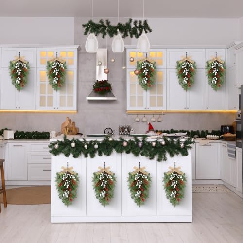 22" Christmas Wreaths for Front Door 4 PCS Christmas Teardrop Swag Artificial Winter Wreath with Red White Berry Pine Cone Eucalyptus for Front Door Indoor Outdoor Wall Hanging Wreaths Decor - Image 6
