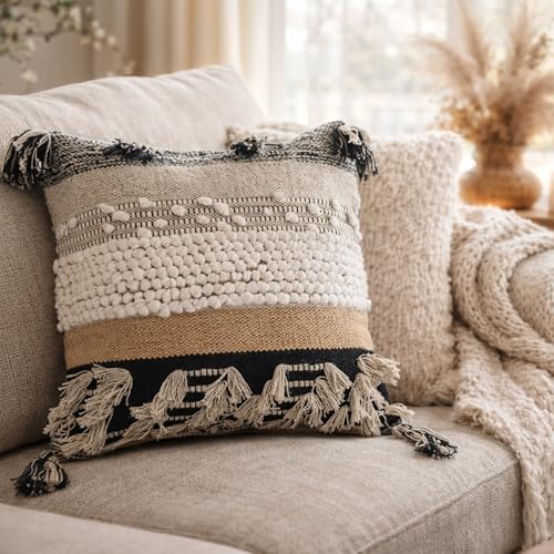 Throw Boho Pillow Cover, 18”x18” Bohemian Moroccan Rustic Decorative Pillows with Tufted Accents, Plush Handwoven Cotton, Textured Woven Neutral Farmhouse Scandinavian Home Decor by Cozydeko