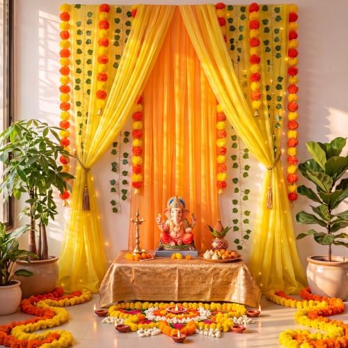 Irenare Indian Pooja Backdrop Ganesh Decoration, Yellow and Orange, Indian - Image 6