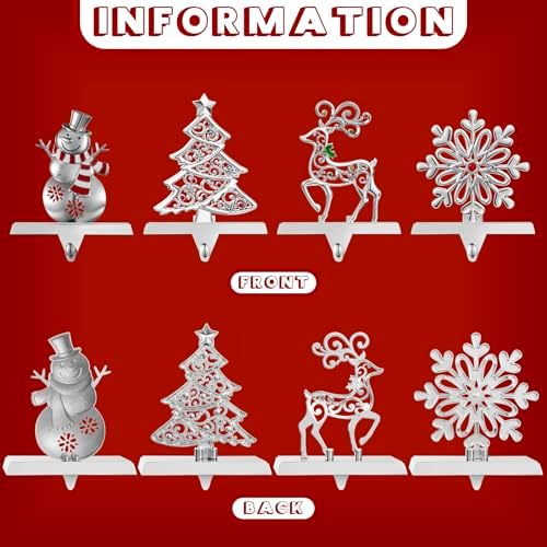 4 Pack Christmas Stocking Holder Set for Mantle Christmas Holiday Decorations Mantle Fireplace Topper Snowflake Snowman Reindeer and Christmas Tree Hangers Decorative Metal Hanger - Image 5