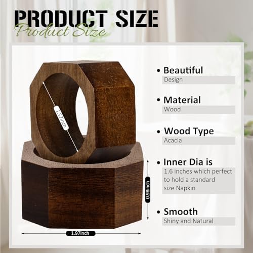 Zhehao 50 Pcs Wood Napkin Rings Acacia Napkin Buckles, Octagon, Brown - Image 2