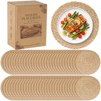 60 Pack 13.8IN Round Woven Placemats, Natural Bulrush Boho Farmhouse Mats by COSINIA