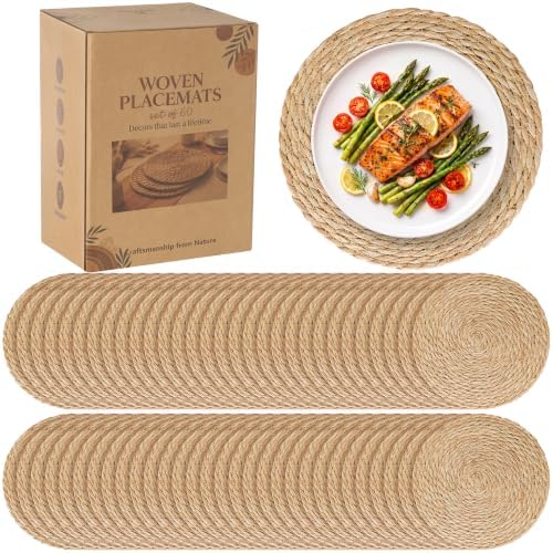 60 Pack 13.8IN Round Woven Placemats, Natural Bulrush Boho Farmhouse Mats by COSINIA