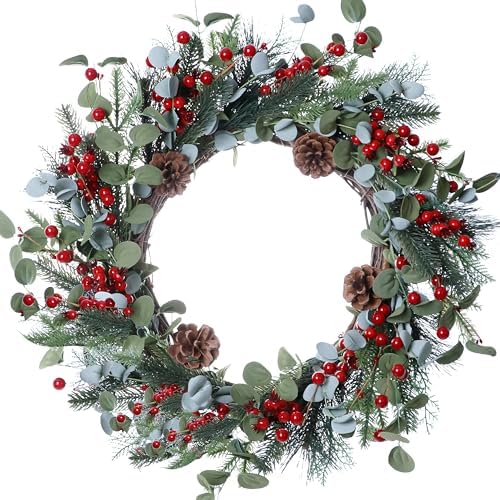 20 Inches Christmas Wreath Winter Wreaths Holiday Christmas Wreaths for Front Door Christmas Berry Wreath with Pine Needles Pine Cones Red Berries for Window Indoor Outdoor Winter Decorations by DIYFLORU