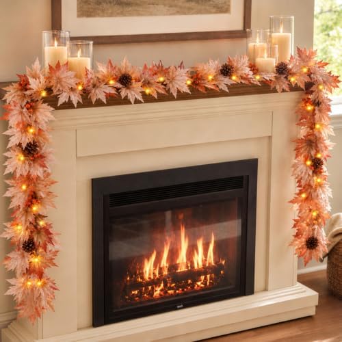 Fall Decorations for Home 9FT Fall Garlands with Lights Large Maple Leaves with Berries and Pinecones Plug in 50 Warm Incandescent Bulbs for Indoor Outdoor Autumn Halloween Harvest Decorations(2Packs) by Meknow