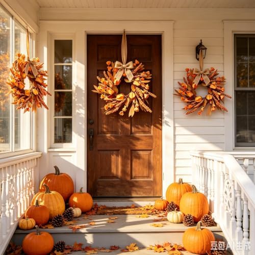 4 Pcs Small Fall Hanging Wreaths with Artificial Autumn Flowers Warm Orange Fall Foliage Wheat Spike Accents Rustic Burlap Ribbon Mini Cabinet Wreath for Farmhouse Thanksgiving Harvest Party Decor - Image 7