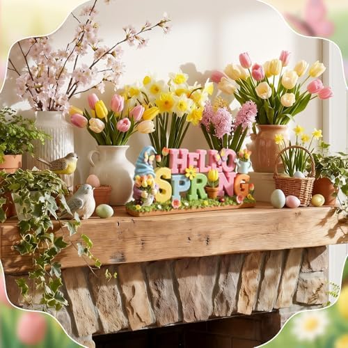 Simgoing 1 Pack Hello Spring Table Decoration Resin Spring Gnome Decorations for Home Pastel Flower Table Sign Festive Floral Statue Tabletop Centerpiece for House Tabletop Tiered Tray Fireplace Decor - Image 4