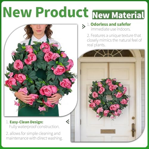 Spring Wreaths for Front Door 21 Inch – Valentine’s Day Pink Peony Artificial Wreath, Spring Summer Floral Wreath for Porch, Wall, Window Decor - Image 3
