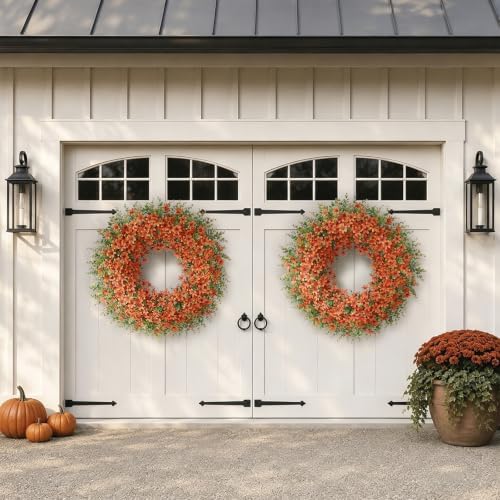 32" Large Artificial Eucalyptus Silk Flower Wreath for Outdoor(Fall Orange) - Image 2