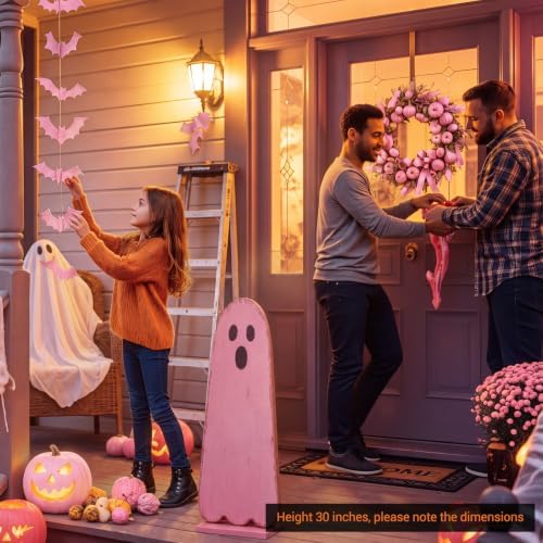 Novabright 30.2 H Halloween Pink Ghost Porch Sign Standing Wooden Decor - Image 5