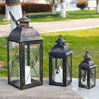 TRIROCKS Set of 3 Decorative Hanging Lantern 9.5/13.5/19" High Vintage Metal Candle Holder with Tempered Glass Perfect for Living Room Garden Yard Patio Parties Events Indoors Outdoors (Black) - Image 3